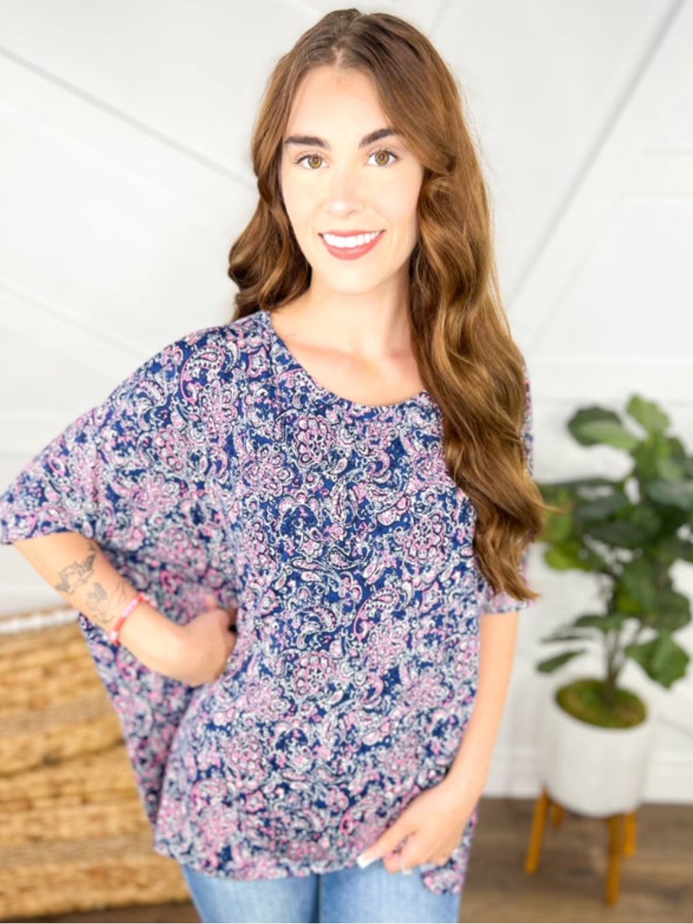 Wrinkle-Free Dolman Sleeve Top in navy with paisley design XL